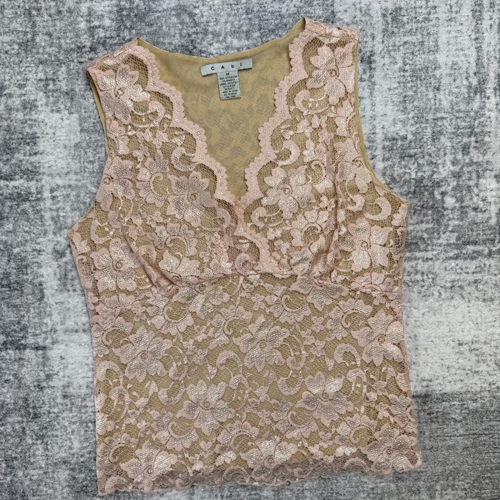 Y2K CAbi Top Women Medium Dusty Pink Floral Lace Sleveless Whimsy Fairy Coquette